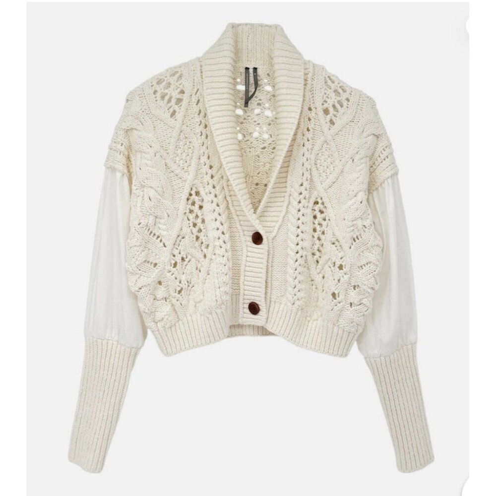 NWT Size XL - Anthropologie Balloon-Sleeve Twofer Cable-Knit Cardigan Sweater